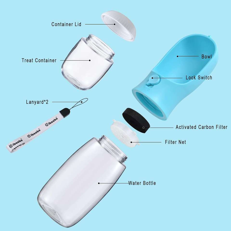 Water bottle and treat container parts laid out